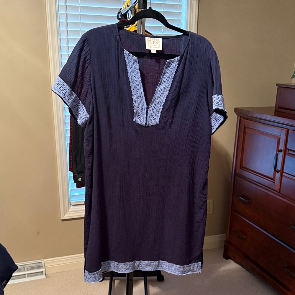 STS Women's Navy Blue cotton gauze dress with light blue trim, Sz XL